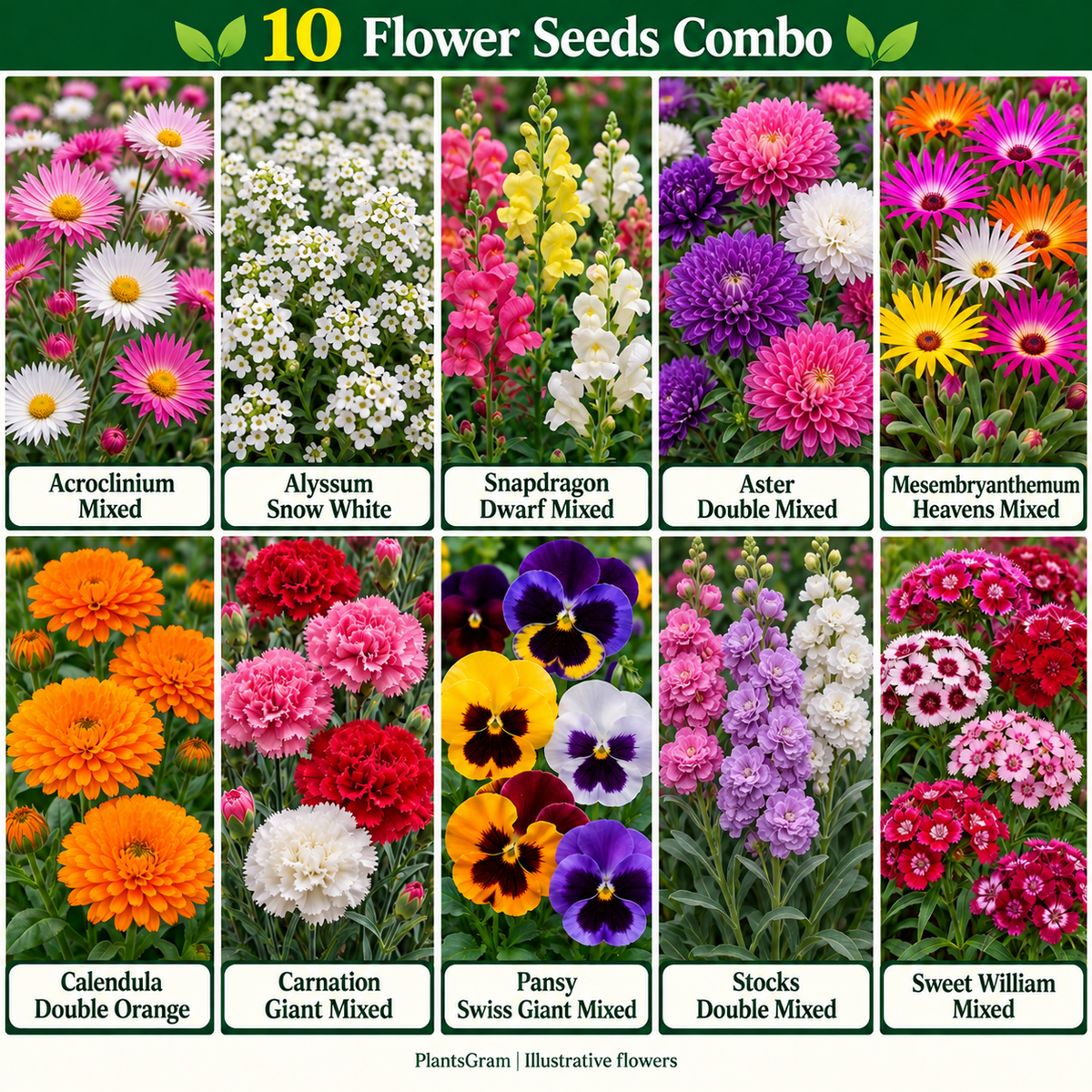 Illustrative collage of 10 PlantsGram flower seed varieties with Aster, Calendula, Carnation, Pansy and Sweet William.
