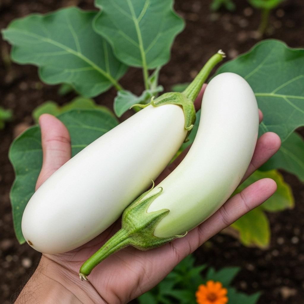 Two harvested White Long Brinjal fruits held in a hand for size reference