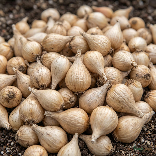 Pile of Dutch Iris flower bulbs before planting