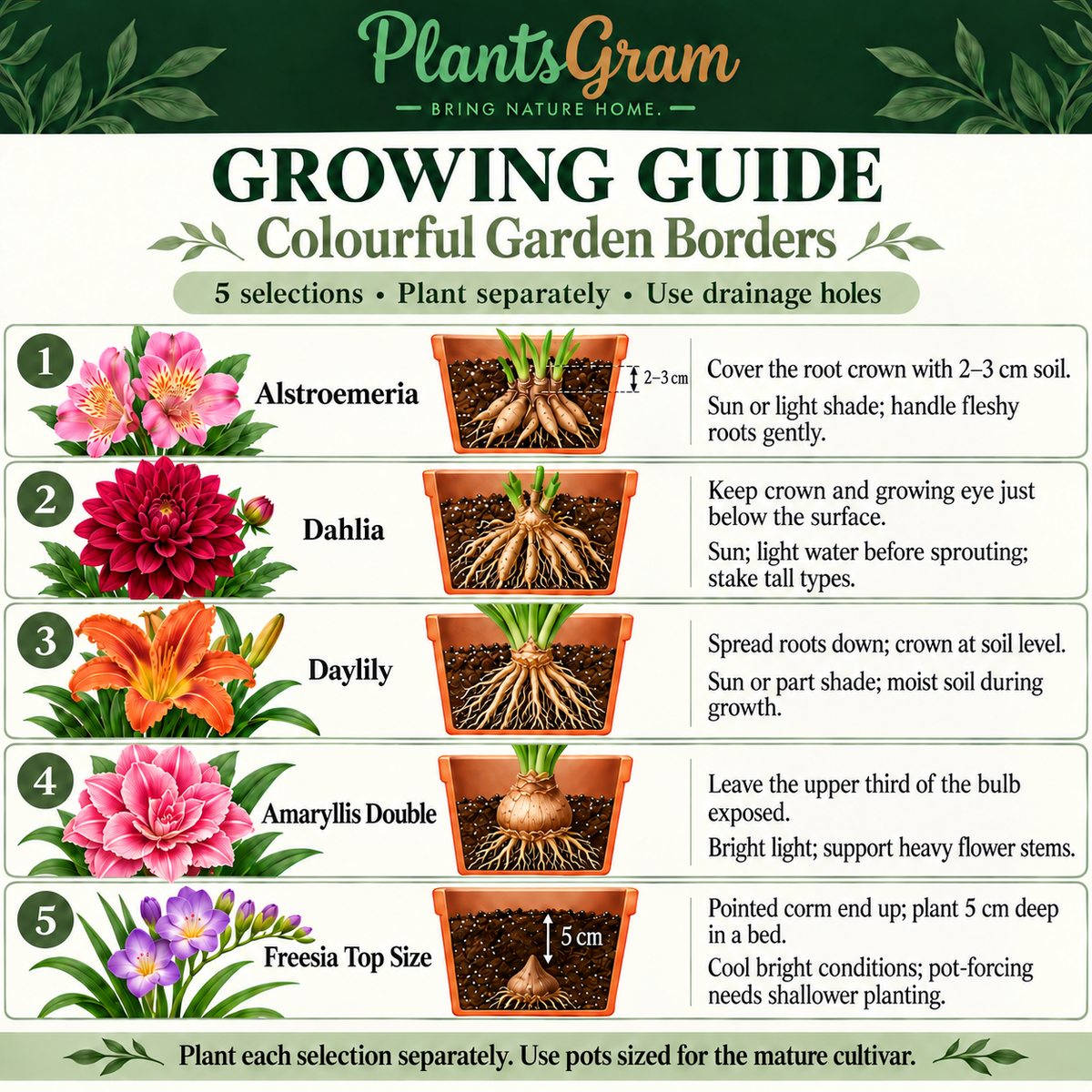 Growing guide for the PlantsGram Colourful Garden Borders combo with Alstroemeria roots, Dahlia tubers, Daylily crown, double Amaryllis bulb and Freesia corm