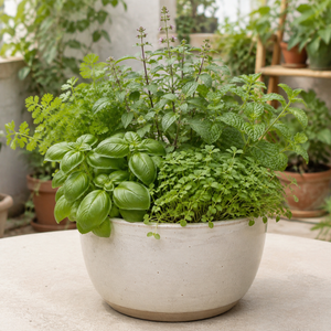 Fresh mixed herbs growing in a ceramic pot for Herb Seeds category