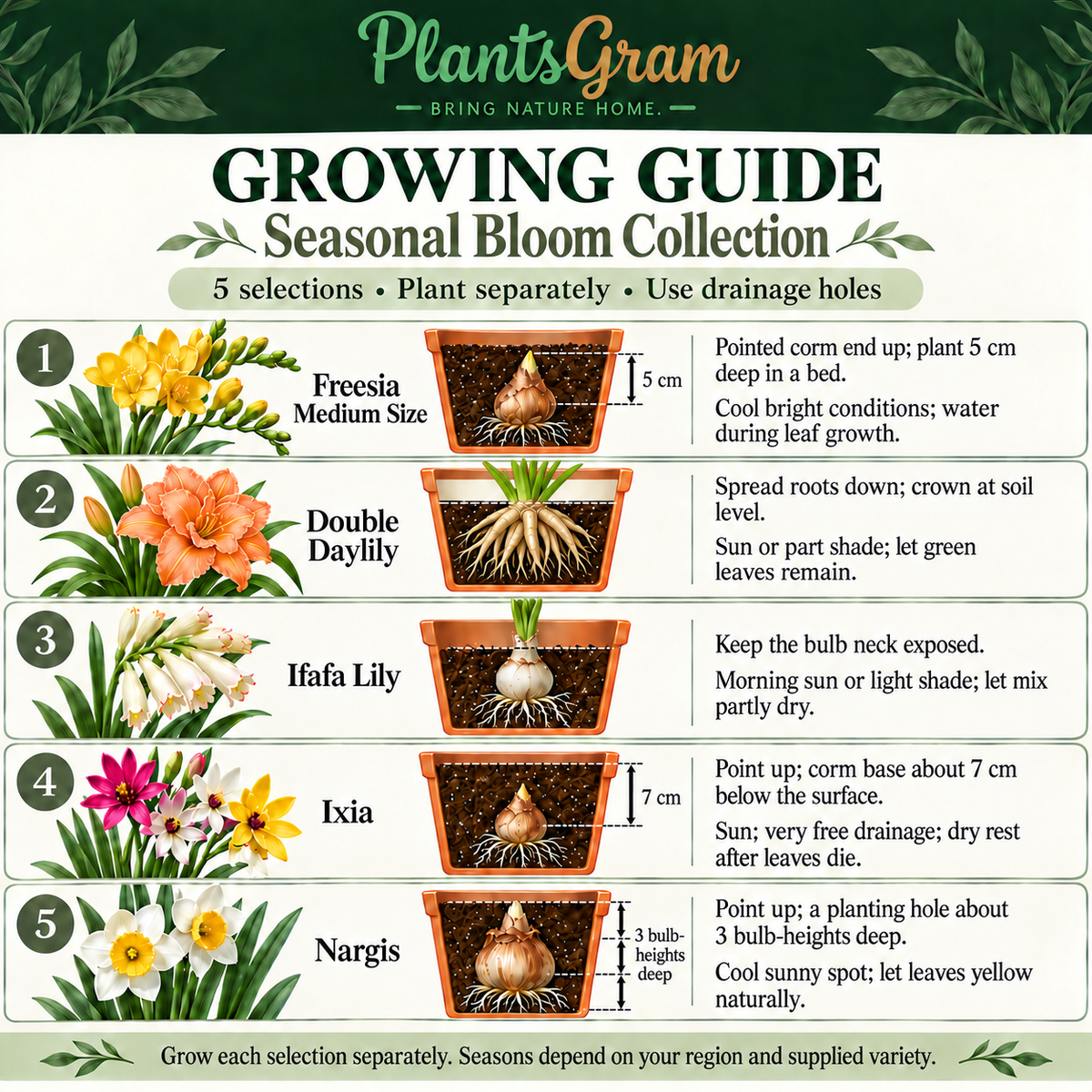 Seasonal Bloom Collection growing guide showing separate care for Freesia, Double Daylily, Ifafa Lily, Ixia and Nargis