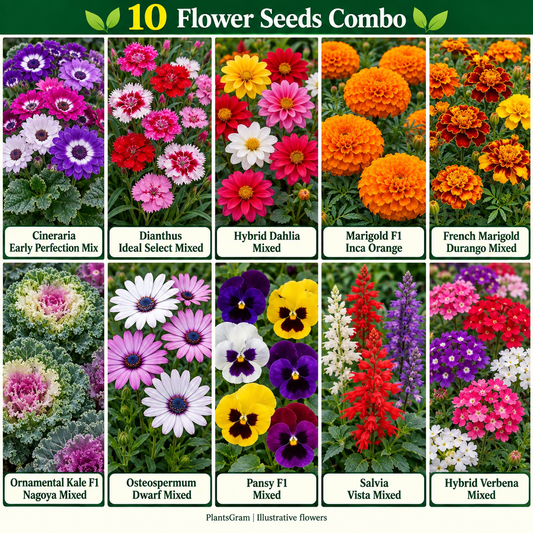 Illustrative collage of 10 PlantsGram hybrid seed varieties with Cineraria, Dahlia, Pansy and Ornamental Kale.