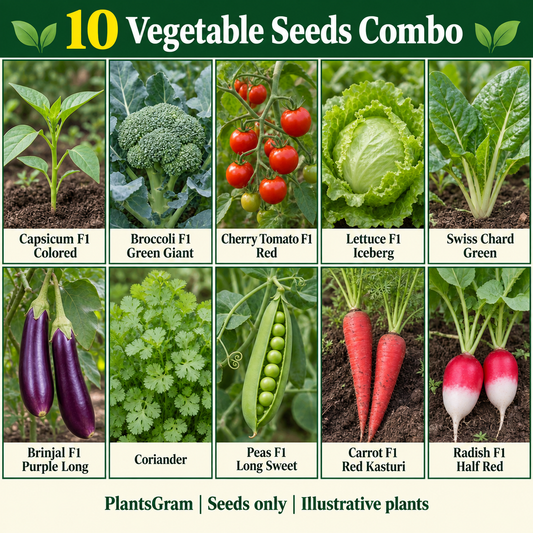 Illustrative 10 vegetable seed varieties with Colored capsicum seedling, broccoli, red cherry tomato, iceberg lettuce, chard, brinjal, coriander, peas, carrot and radish