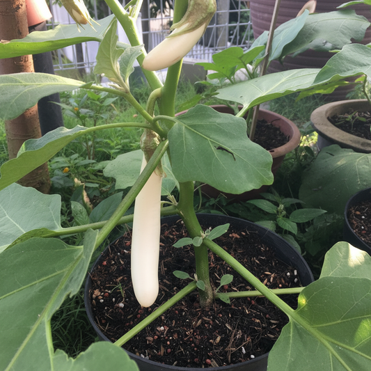 White Long Brinjal growing on a potted plant in a home container garden