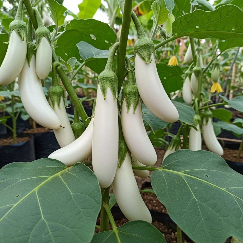 White Long Brinjal plant loaded with long white fruits growing in a nursery