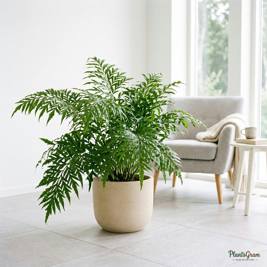 Fishtail fern in a planter, forked frond tips visible