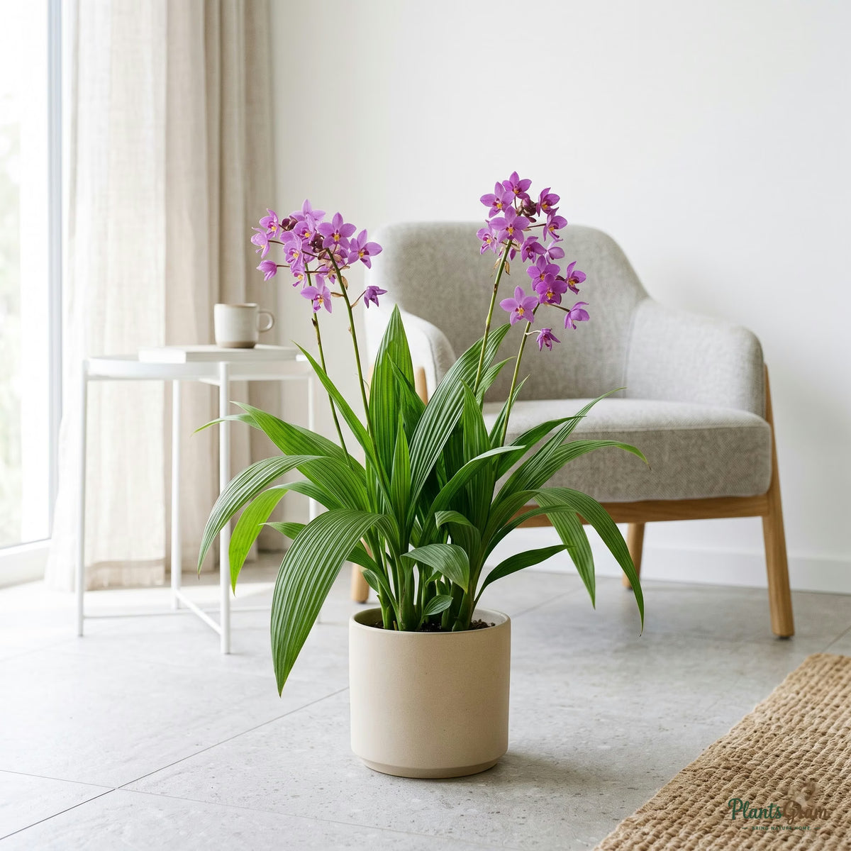 Ground Orchid plant with purple blooms and arching pleated leaves