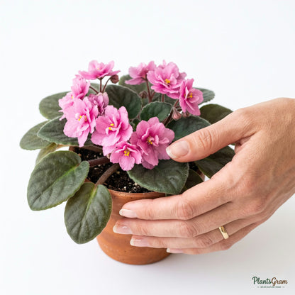 Hand cupping an African Violet pink flower to show scale
