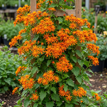 Senecio Orange (Mexican Flame Vine) in bloom with bright orange daisy-like flowers