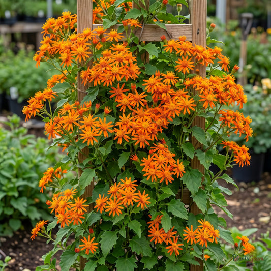 Senecio Orange (Mexican Flame Vine) in bloom with bright orange daisy-like flowers