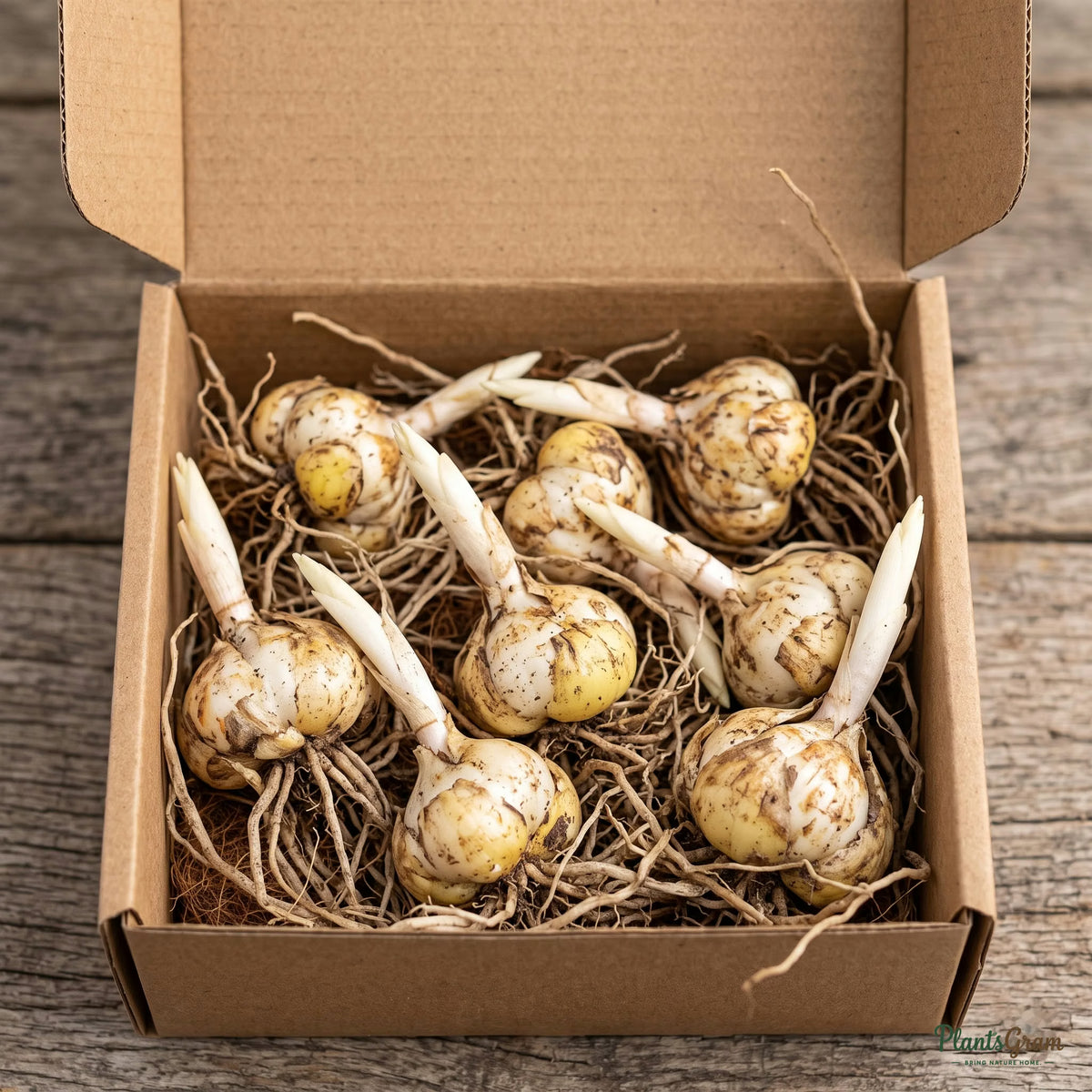 Asiatic Lily (Red) flower bulbs packed for shipping in a box