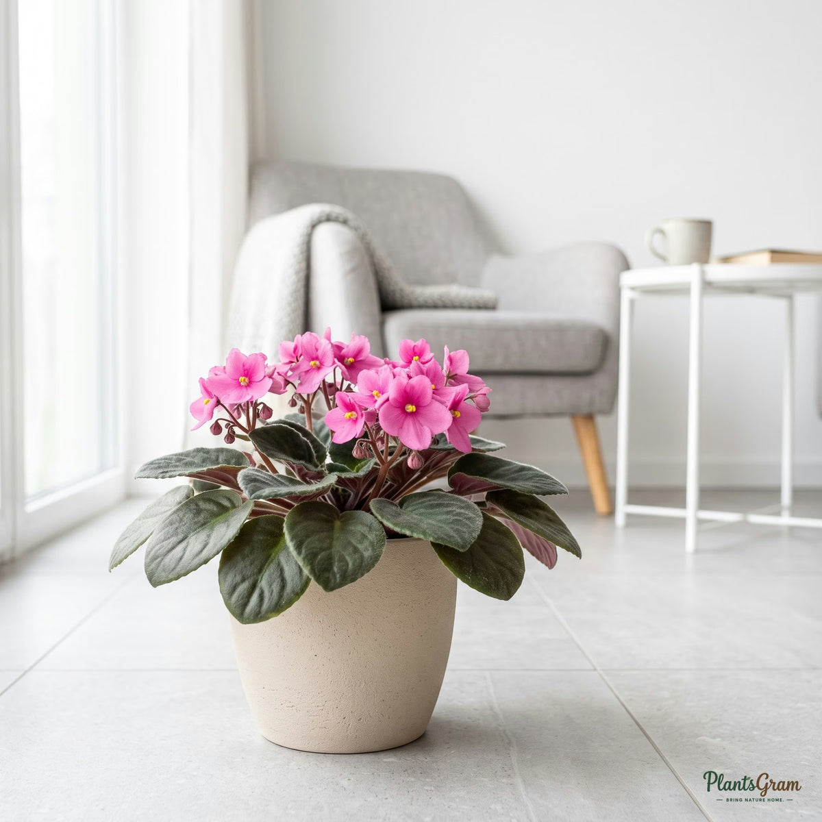 Pink African Violet plant in a planter