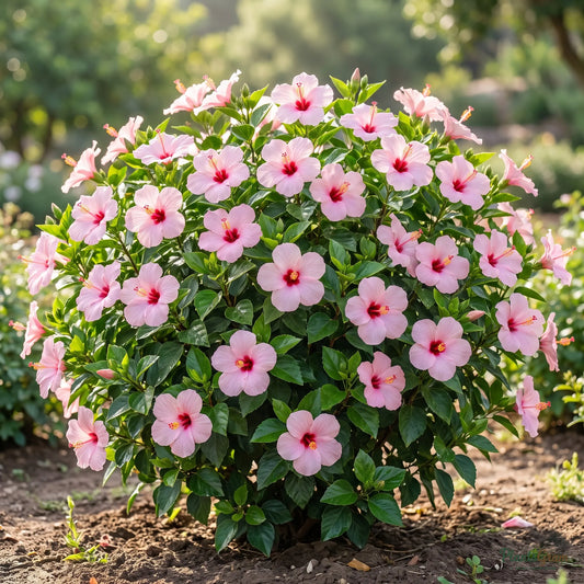 Light pink desi Hibiscus shrub blooming outdoors