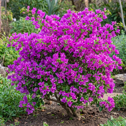 Purple Bougainvillea shrub in a garden