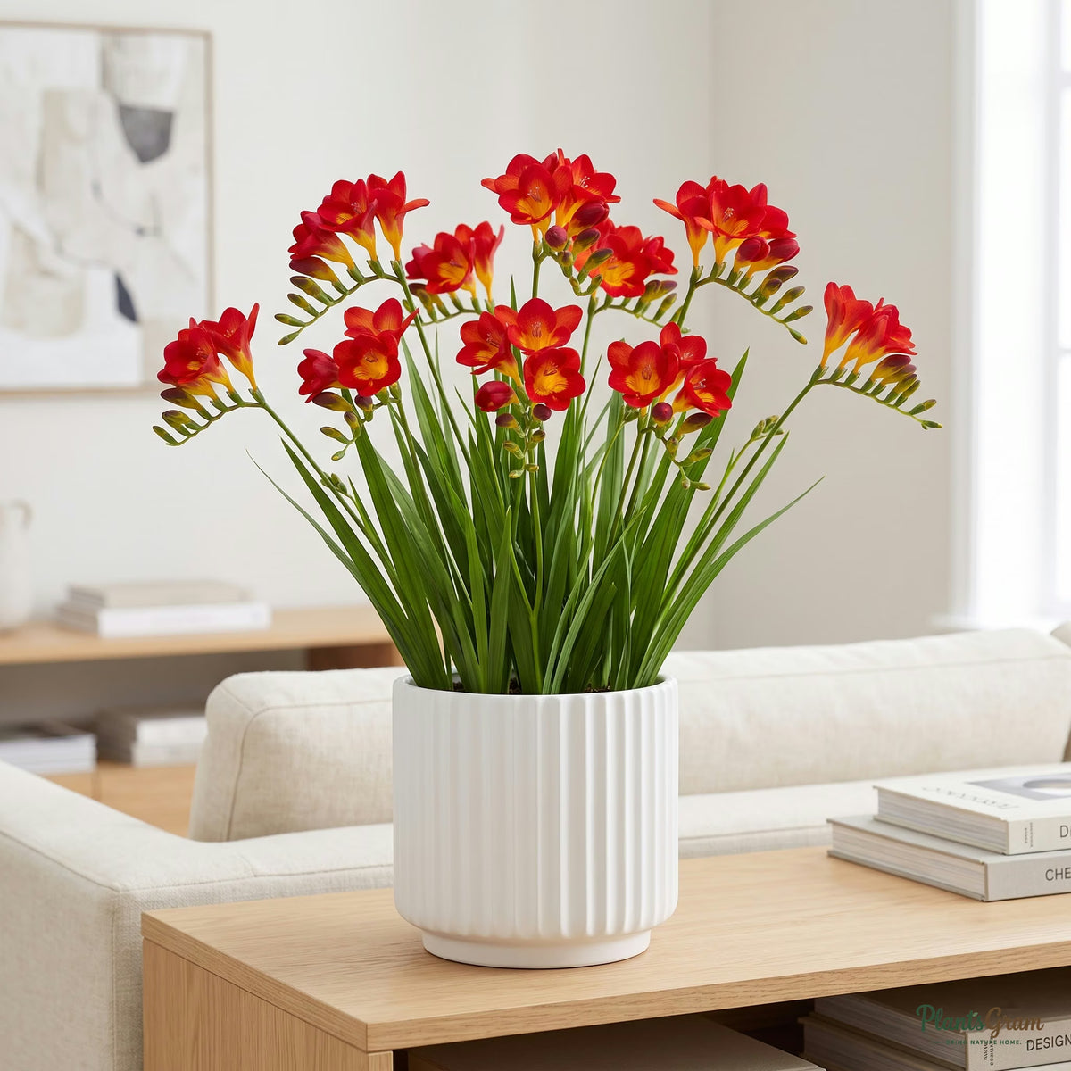 Red Freesia flowers blooming in a planter