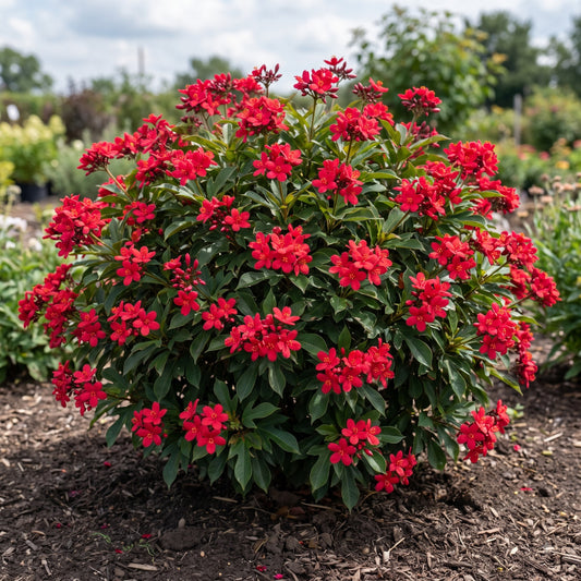 Jatropha Red shrub blooming outdoors with clusters of small red flowers