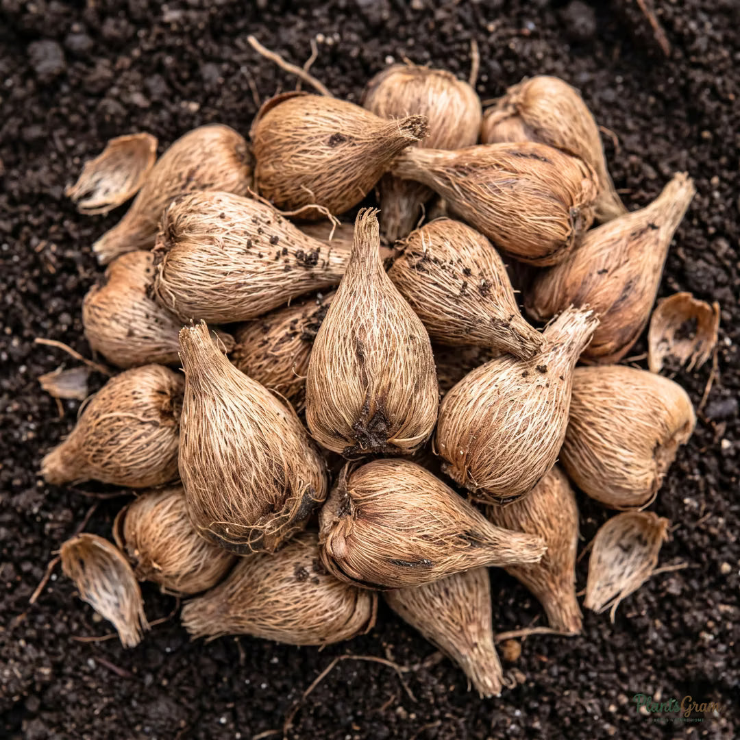 Freesia flower bulbs (dormant corms) ready for planting