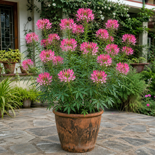 Cleome Spinosa Pink Queen with rich rosy-pink spider flowers in a weathered clay pot during cool weather in an Indian home garden
