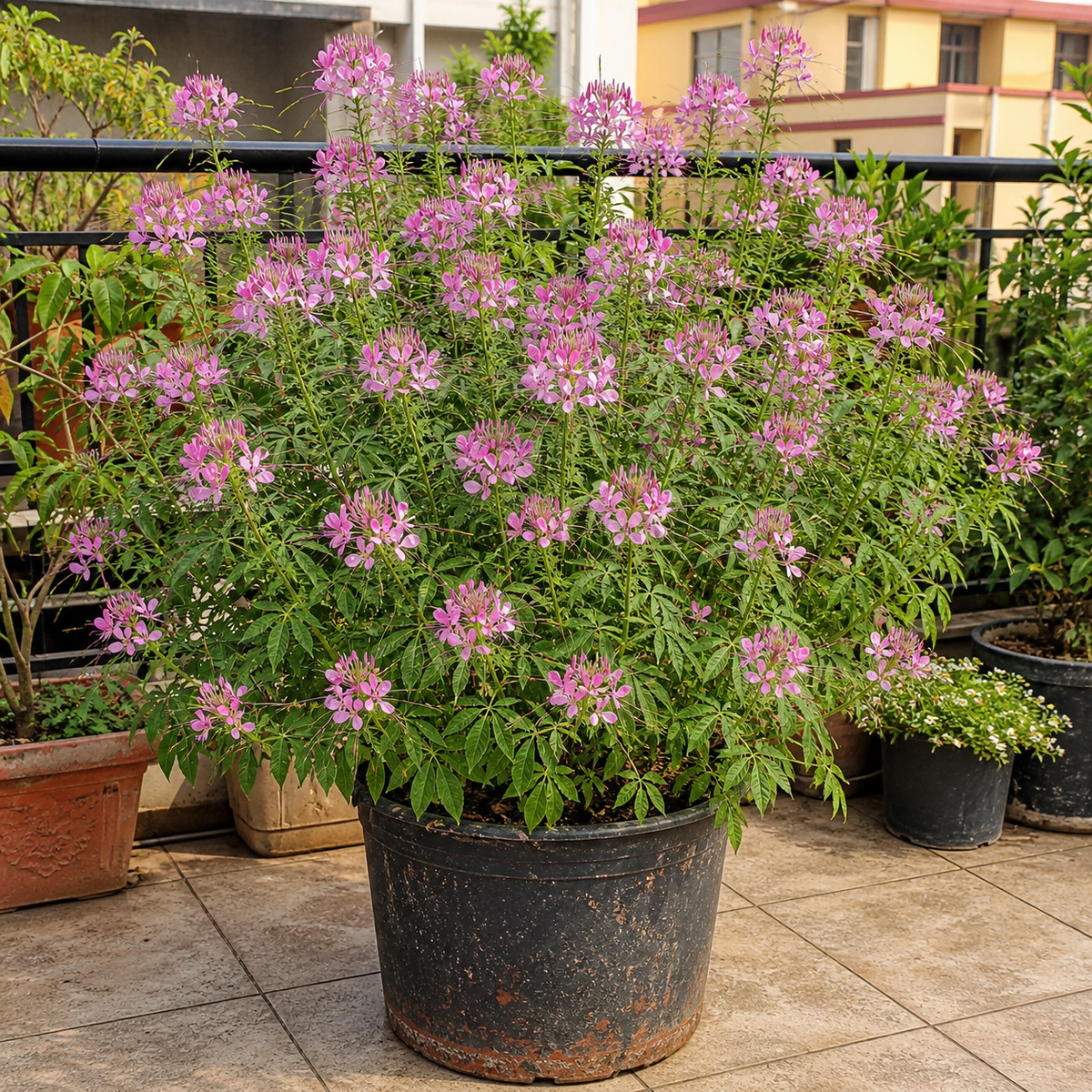 Realistic Cleome Spinosa Rose Queen flowers in a weathered black plastic pot on an Indian balcony