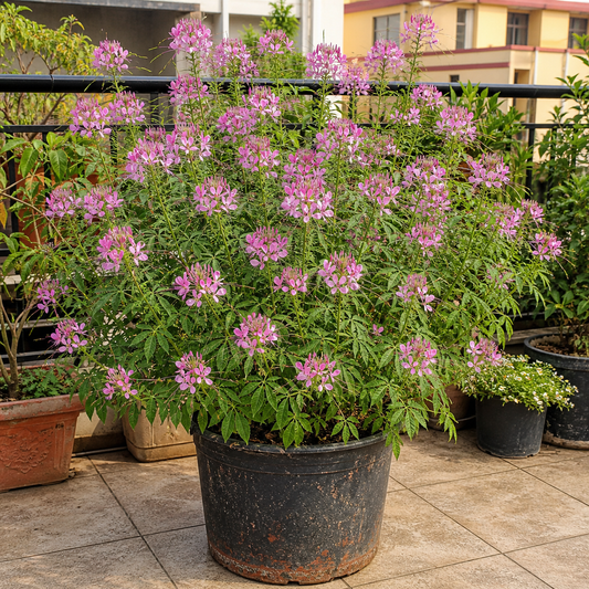 Realistic Cleome Spinosa Rose Queen flowers in a weathered black plastic pot on an Indian balcony