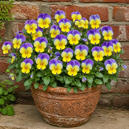 Bright Pansy F1 Aqua Lemon plant with over twenty lemon-yellow and violet-wing flowers in a weathered decorative clay pot against an Indian brick wall