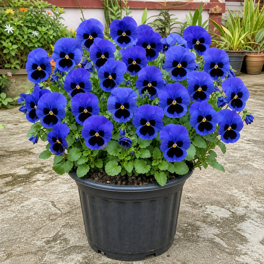Bright Pansy Swiss Giant Violet Blue plant with over twenty flowers in a black plastic pot in an Indian garden