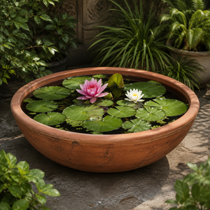 Water lilies and lily pads in a terracotta bowl for Aquatic Plants category