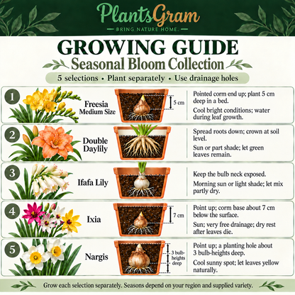 Seasonal Bloom Collection growing guide showing separate care for Freesia, Double Daylily, Ifafa Lily, Ixia and Nargis